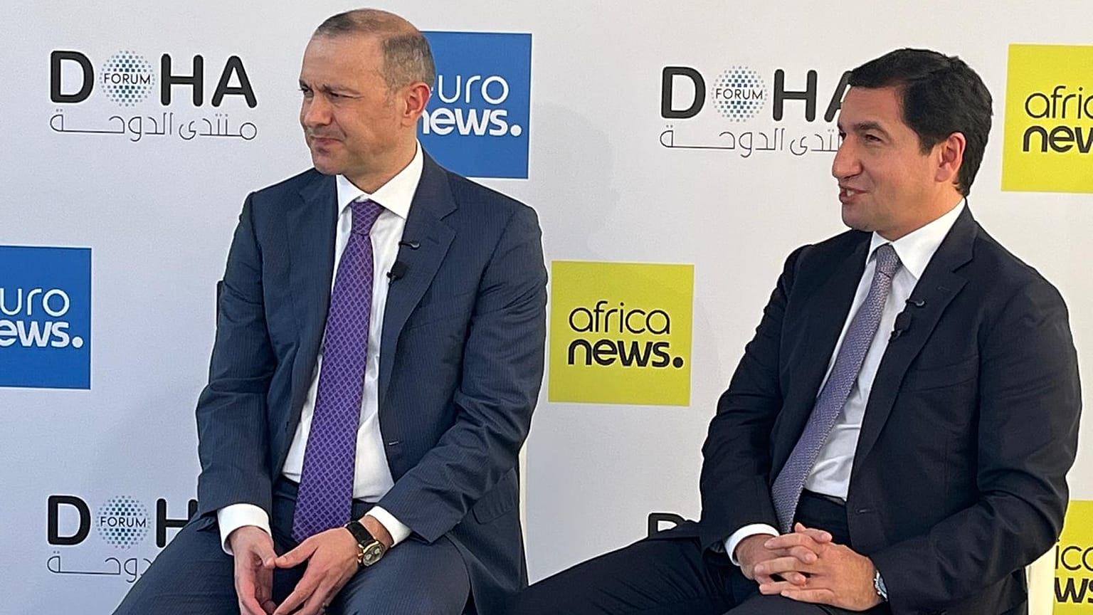 Hikmet Hajiev, assistant to the president of Azerbaijan and Armen Grigoryan, secretary of Security Council of Armenia, speak to Euronews in Doha, 9 December 2025