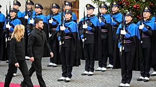 Ukraine's President Volodymyr Zelenskyy is received at Chigi Palace by Italian Premier Giorgia Meloni, 9 December 2025