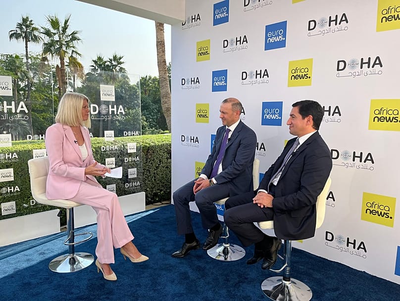 Hikmet Hajiev, assistant to Azerbaijan president and Armen Grigoryan, secretary of Security Council of Armenia, speak to Euronews' Jane Witherspoon in Doha, 9 December 2025