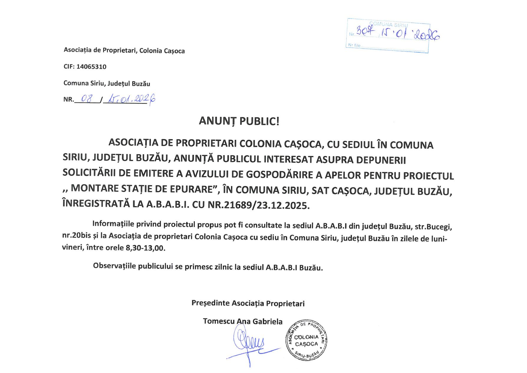 Asociația de proprietari Colonia Cașoca – anunț public