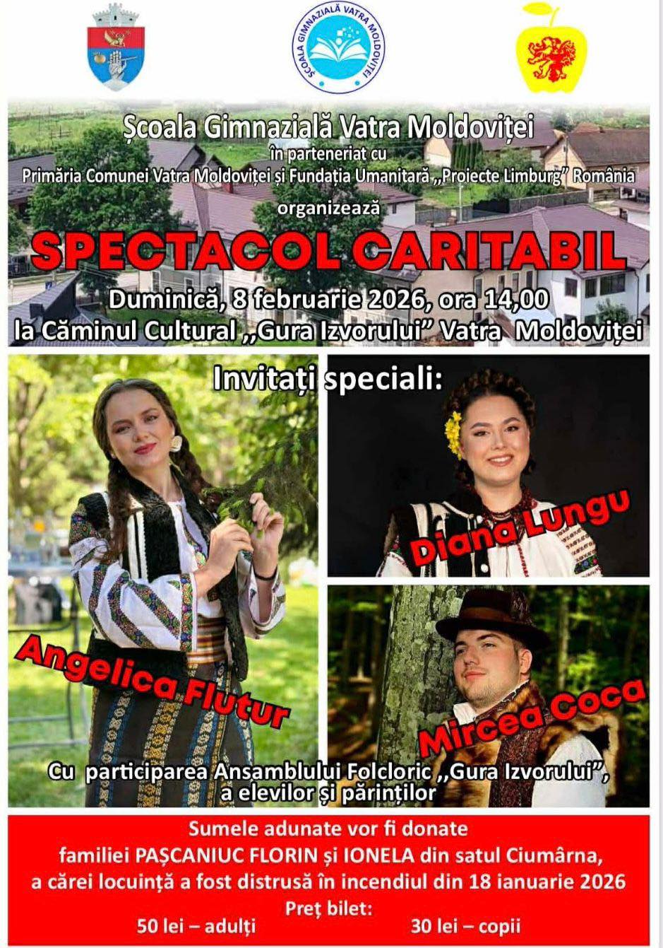 Spectacol caritabil organizat în Vatra Moldoviței pentru o familie din Ciumârna care a rămas fără casă în urma unui incendiu