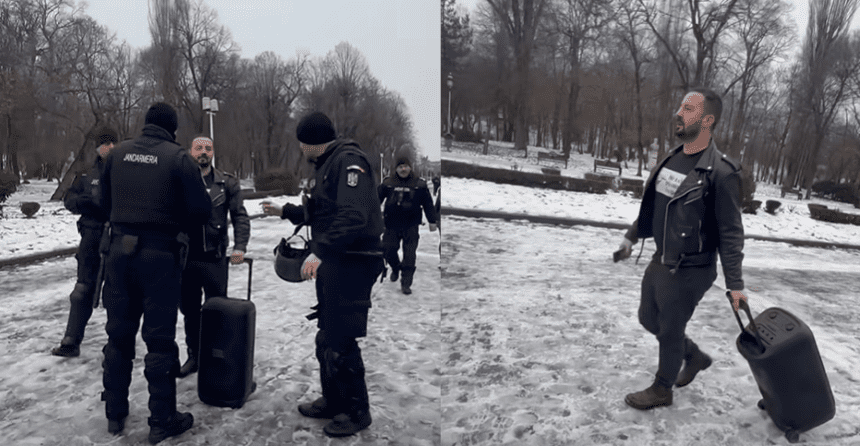 VIDEO | Instigatorul Adrian Băzăvan a vrut să se ducă iar să bage bățul prin gard, de data asta la miile de români care au sărbătorit Unirea Principatelor alături de Călin Georgescu. A fost săltat de jandarmi înainte de a-și duce la îndeplinire planul | R3media