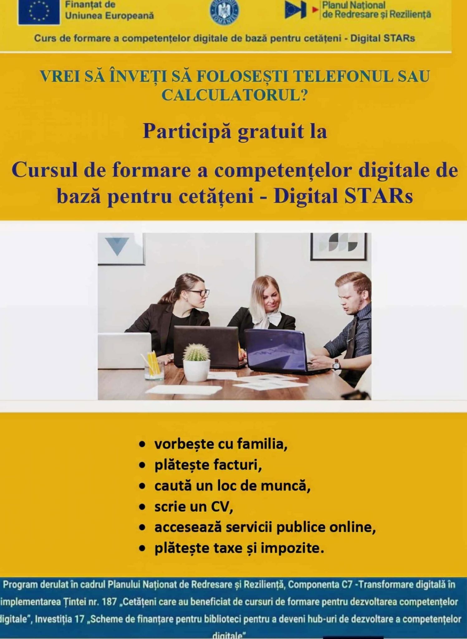 Primăria Comunei Baia, organizează cursuri gratuite de competențe digitale la Biblioteca ce va fi dotată cu echipamente IT moderne