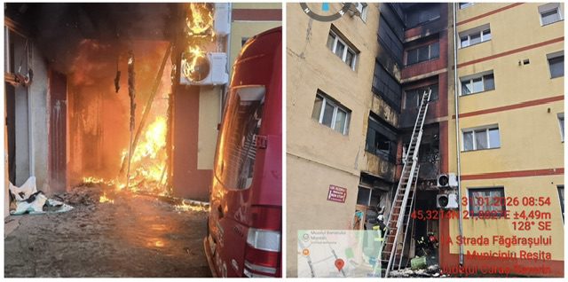 Banat: Intervenție de urgență a pompierilor după izbucnirea unui incendiu la magazia unui bloc din Reșița