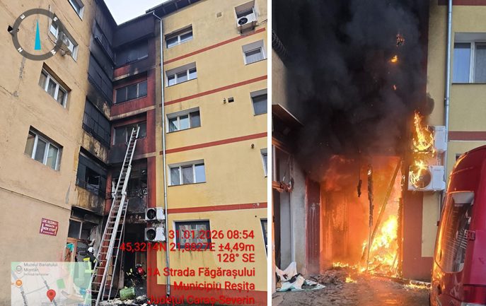 Incendiu la un bloc, pompierii au intervenit cu trei autospeciale de stingere și un echipaj SMURD