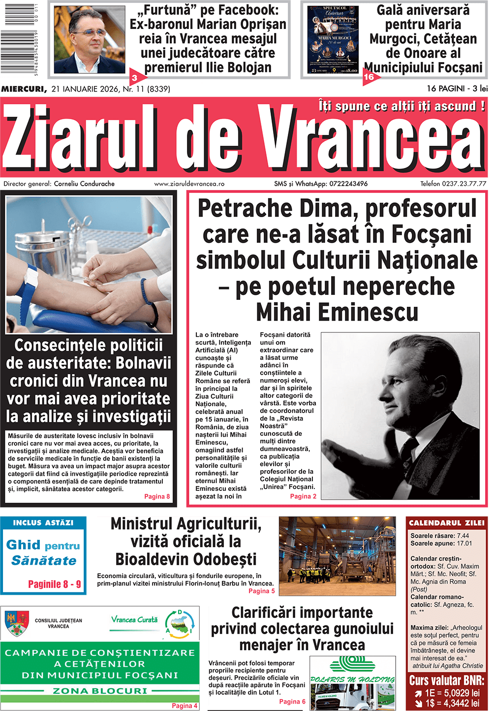 Prima pagină a ediției tipărite a Ziarului de Vrancea de astăzi, miercuri 21 ianuarie 2026