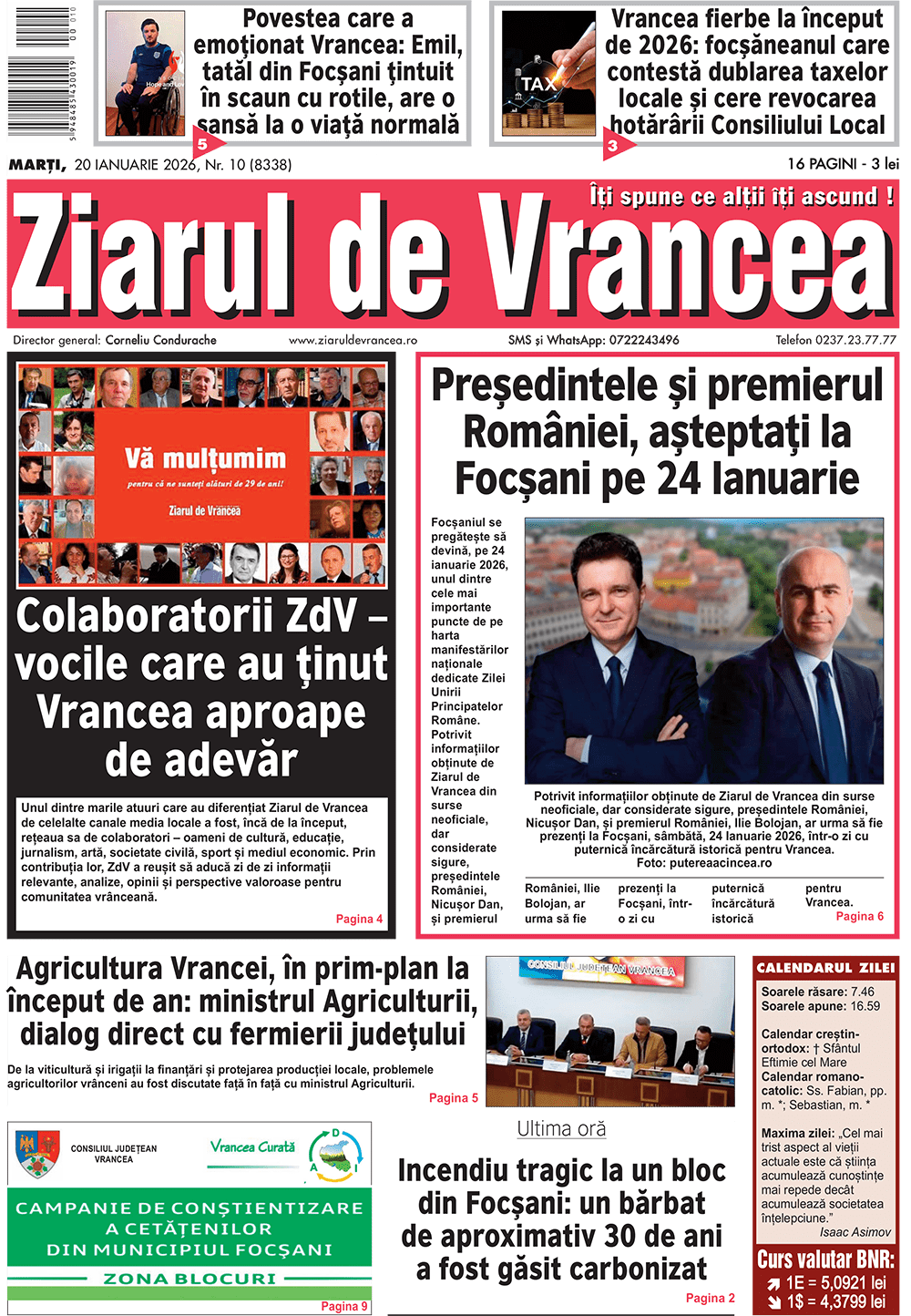 Prima pagină a ediției tipărite a Ziarului de Vrancea de astăzi, marți 20 ianuarie 2026