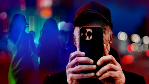 BBC A treated image shows a stock photo of a man wearing a baseball cap while holding a phone up filming. The silhouettes of a group of women on a night out can be seen in the background.