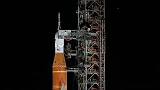 The NASA Artemis II SLS (Space Launch System) rocket with the Orion spacecraft is seen at Launch Complex 39B at the Kennedy Space Center, Sunday, Feb. 1, 2026.