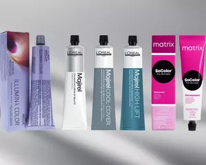 Three Professional Hair Color Brands Featuring Wella Illumina Color, Matrix SoColor, L'Oreal Majirel On a Grey Gradient Background