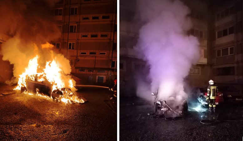VIDEO A ars ca o torță! O mașină a fost cuprinsă de flăcări, noaptea trecută! Pompierii spun că incendiul a fost pus intenționat