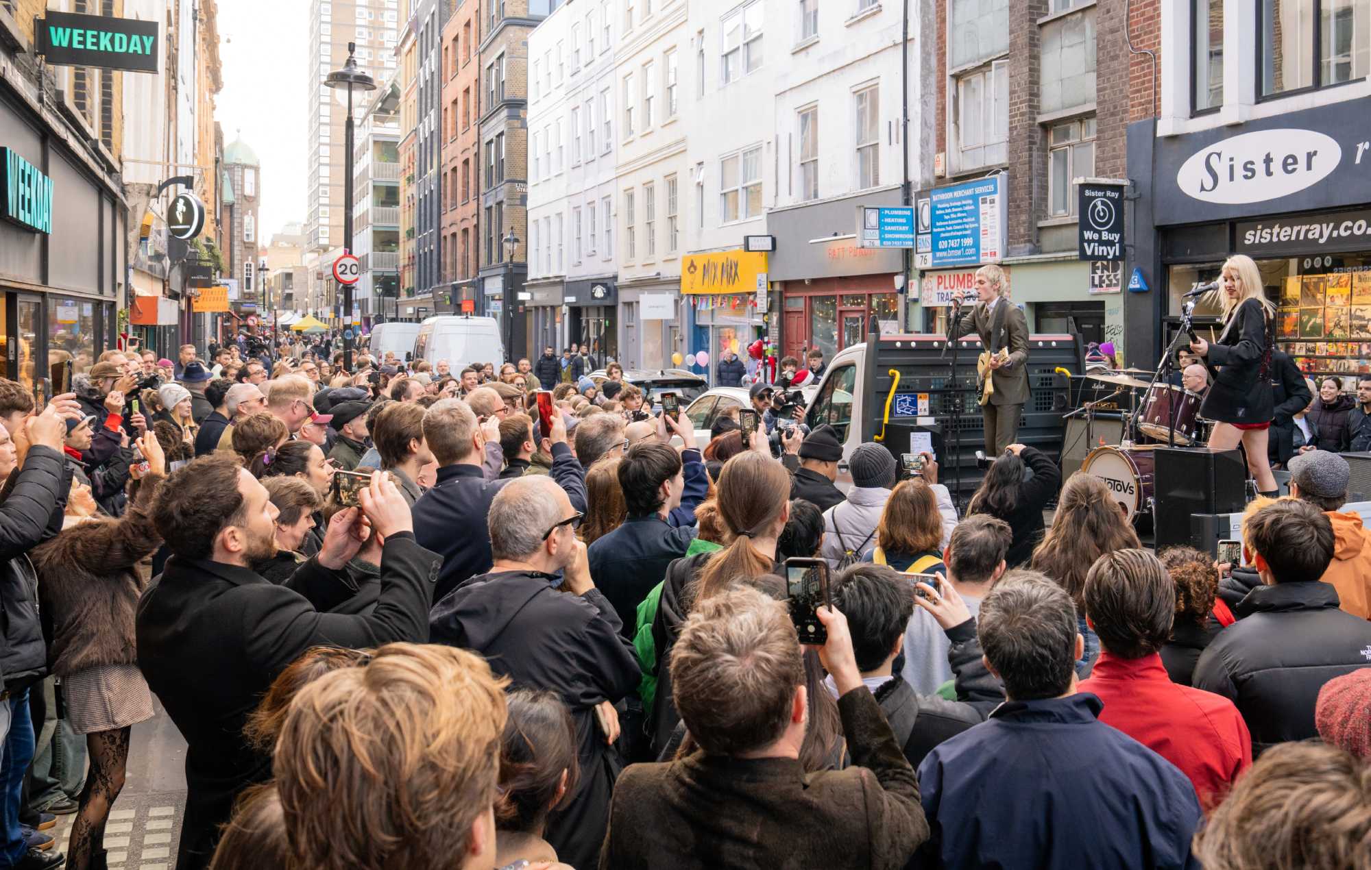 The Molotovs during their surprise performance in Soho, outside Sister Ray Records on December 20, 2025 in London, England. (Photo by James Klug/Getty Images)